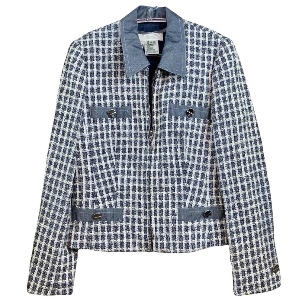 Escada Tweed Wool Blend Gingham Boucle Jacket Blue Ivory White Size IT 36 S